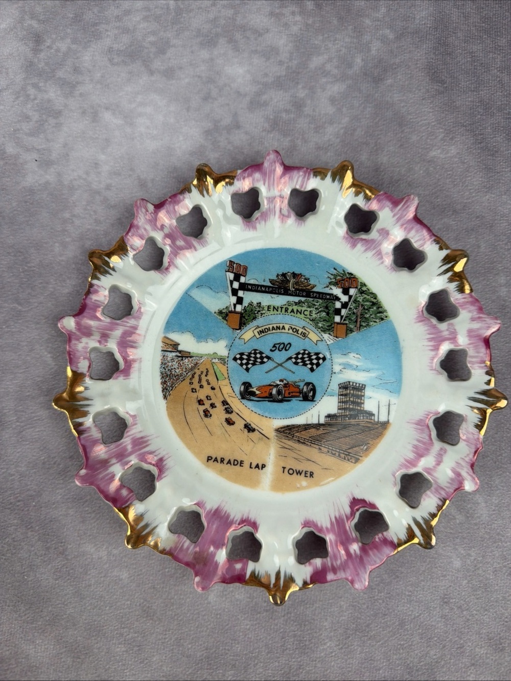 VTG Indianapolis 500 Parade Lap Tower Reticulated Souvenir Plate Japan 7” READ